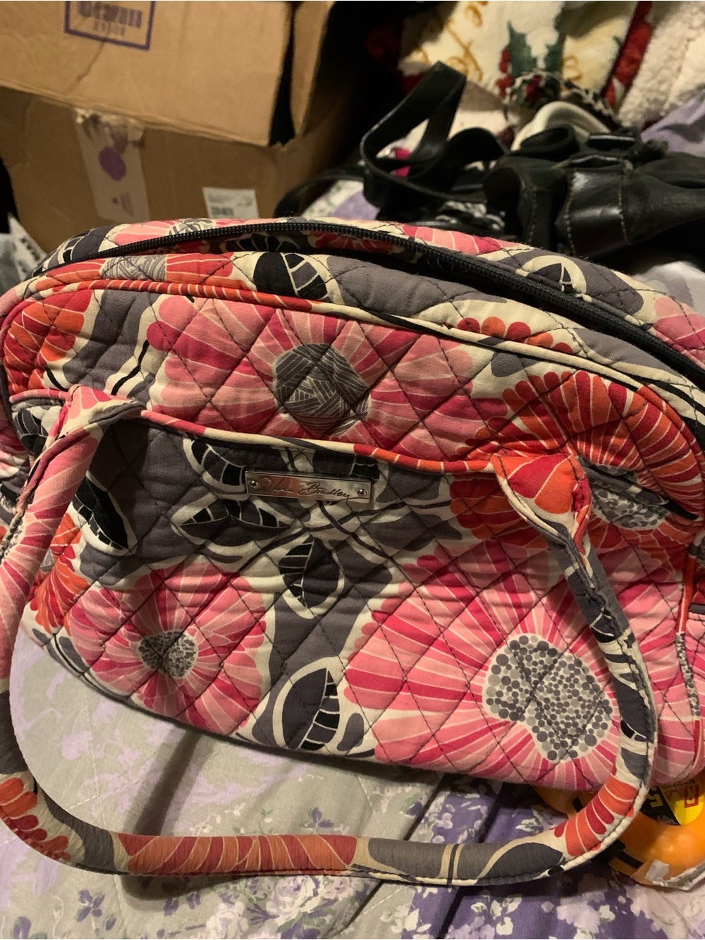 Vera Bradley Coral Pink and Gray Quilted Floral Shoulder Bag